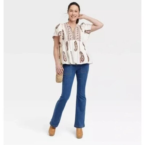 Knox Rose Women's Medium Flutter Short Sleeve Top White Paisley Boho Lightweight - Picture 3 of 5